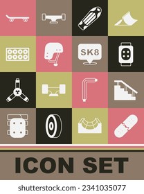 Set Broken skateboard deck, Skateboard stairs with rail, Knee pads, helmet, wheel,  and  icon. Vector