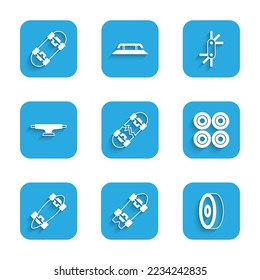 Set Broken skateboard, Longboard or, Skateboard ball bearing, wheel, Tool allen keys and  icon. Vector