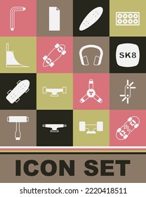 Set Broken skateboard, Tool allen keys, Skateboard, Longboard or, park,  and Headphones icon. Vector