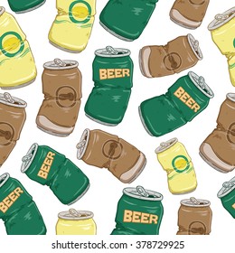 Set of Broken Soft Drink Cans in Seamless Pattern With Lime Beer and Coffee on White Background