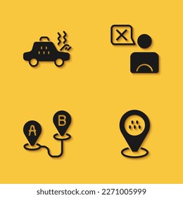 Set Broken taxi car, Location, Route location and Taxi driver icon with long shadow. Vector