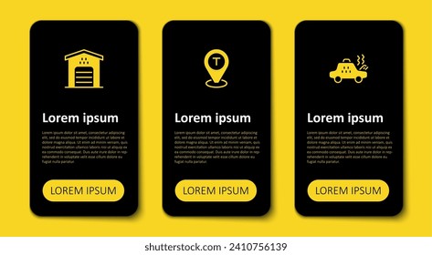 Set Broken taxi car, Location and Garage for. Business infographic template. Vector
