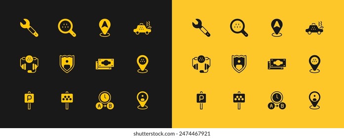Set Broken taxi car, Road sign for stand, Stacks paper money cash, Taxi waiting time, Life insurance with shield, Location, Wrench spanner and Search icon. Vector