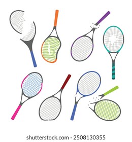 Set of broken tennis racket set collection with badminton racquet lose Bat tennis championship match icon, torn tennis racket, Breaking Down Tennis Abuse, vector illustration.