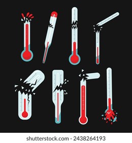 Set of broken thermometer set collection, hot temperature with fire breaking thermometer. Icon for weather forecast, climate, summer season, heat, overheat. Earth goal thermometer, vector illustration