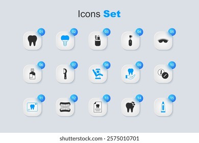 Set Broken tooth, Dental floss, implant, X-ray of, Tube toothpaste, Toothache painkiller tablet,  and Medical dental chair icon. Vector