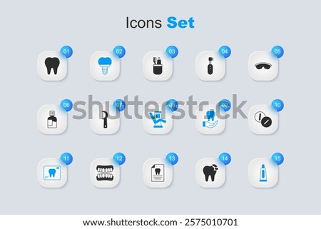 Set Broken tooth, Dental floss, implant, X-ray of, Tube toothpaste, Toothache painkiller tablet,  and Medical dental chair icon. Vector