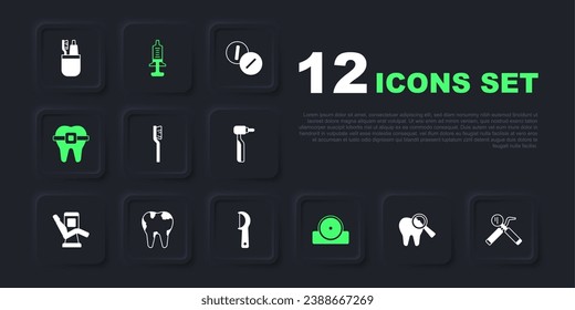 Set Broken tooth, Dental mirror and probe, Toothbrush, Otolaryngological head reflector, Teeth with braces, Syringe and floss icon. Vector