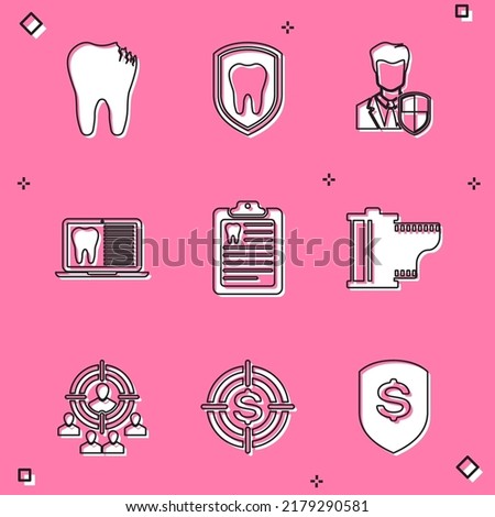 Set Broken tooth, Dental protection, User, Laptop with dental card, Clipboard and Camera film roll cartridge icon. Vector