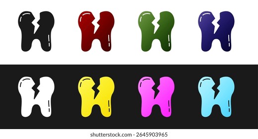 Set Broken tooth icon isolated on black and white background. Dental problem icon. Dental care symbol.  Vector