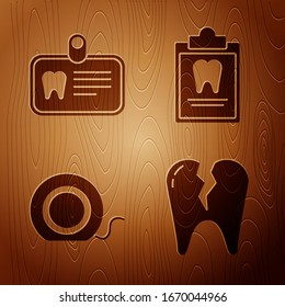 Set Broken tooth, Id card with tooth, Dental floss and Clipboard with dental card on wooden background. Vector