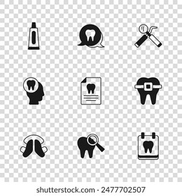 Set Broken tooth, Teeth with braces, Calendar, Clipboard dental card, Dental mirror and probe, Tube of toothpaste, Tooth and Toothache icon. Vector