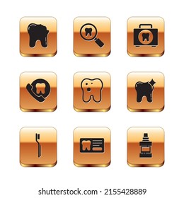 Juego de dientes rotos, cepillo de dientes, tarjeta dental, con caries, atención dental en línea, kit de primeros auxilios, botella de lavavajillas e icono de búsqueda. Vector