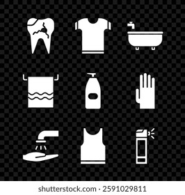 Set Broken tooth, T-shirt, Bathtub, Washing hands with soap, Sleeveless, Bottle nozzle spray, Towel on hanger and of liquid antibacterial icon. Vector