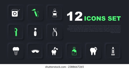 Set Broken tooth, Tube of toothpaste, Electric toothbrush, Mouthwash, Dental floss, Safety goggle glasses, Tooth drill and with caries and icon. Vector