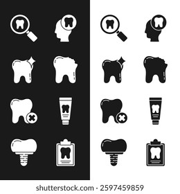 Set Broken tooth, Tooth whitening, Dental search, Human head with, caries, Tube of toothpaste, card and implant icon. Vector