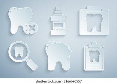 Set Broken tooth, X-ray of, Dental search, card, Mouthwash bottle and Tooth with caries icon. Vector
