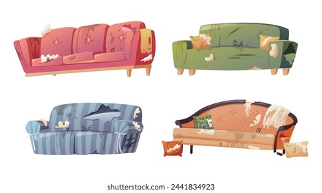 Juego de sofás caseros rotos, rotos y sucios. Muebles dañados para el interior del salón. Vector aislado colección de ilustración de dibujos animados.