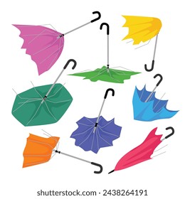 Set of broken umbrella set collection, colorful torn umbrella fabric cartoon, accident causing problem or failure, depressed and anxiety concept, Umbrella after a strong wind, protruding needles.