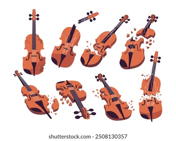 Set of broken violin set collection with broken strings, Restringing the violin is the theme, shattered or torn musical instrument, classic perform artist viola, flat vector illustration.