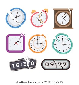 Set of broken wall clock set collection, Broken alarm clock with cracks and fragment, digital clock, Breaking the time pressure deadline, overtime, save your time concept, isolated on white background