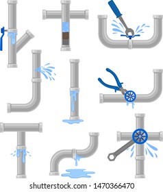 Set Of Broken Water Pipes. Vector Illustration On White Background.