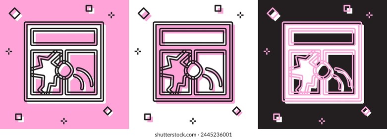 Set Broken window icon isolated on pink and white, black background. Damaged window. Beaten windowpane concept. Vandalism.  Vector