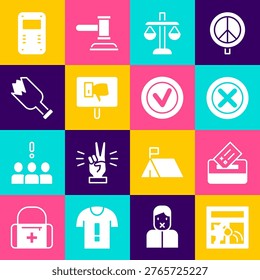 Set Broken window, Vote box, X Mark, Cross circle, Scales of justice, Protest, bottle as weapon, Police assault shield and Check mark round icon. Vector