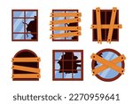 Set of broken windows in cartoon style. Vector illustration of windows with broken panes, boarded up as a result of natural disasters: earthquakes, fires, radiation isolated on a white background.