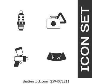Set Broken windshield, Car spark plug, Paint spray gun and First aid kit and warning triangle icon. Vector