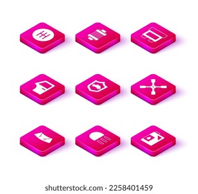 Set Broken windshield, High beam, Car door, with, Canister for motor oil, Wheel wrench, Fuse and air filter icon. Vector