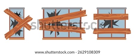 Set broken wooden windows on a white background. Broken windows covered by wooden planks. Cartoon drawings of old windows in frames from wood. Damage, safety, security, furniture protection concept