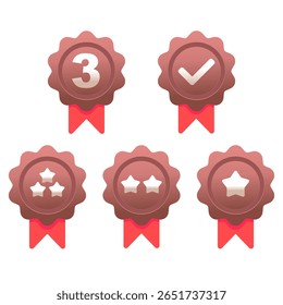 Set of bronze award badges with red ribbons and various icons including number three, checkmark, and stars. Flat vector style, glossy and modern, perfect for achievements, competitions and certificate