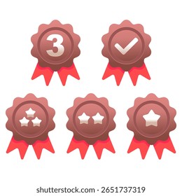 Set of bronze award badges with red ribbons and various icons including number three, checkmark, and stars. Flat vector style, glossy and modern, perfect for achievements, competitions and certificate