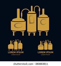 Set with bronze beer brewery elements, icons, logos, design elements. Brewing process, production beer, brewery factory production elements, traditional beer crafting. Vector