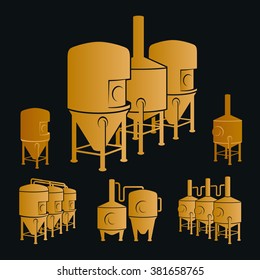 Set with bronze beer brewery elements, icons, logos, design elements. Brewing process, production beer, brewery factory production elements, traditional beer crafting. Vector