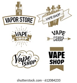 Set of bronze and black vape, e-cigarette logo, emblems, and badges for vapor bar, store isolated on white background
