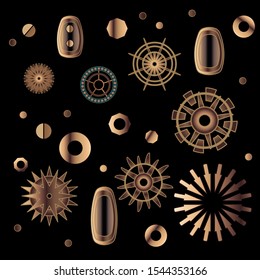 Set of bronze clock gears, nuts, rivets, arrow and washers, vector clip art in steam punk style on a black background