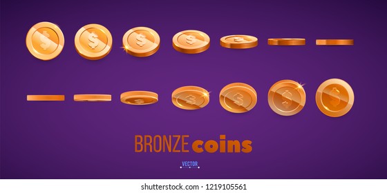 A set of bronze coins. Realistic ten coins from different angles of view. For your online casino design