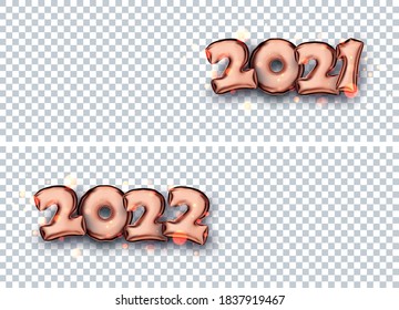 Set of bronze foil 2021 and 2022 balloon signs on transparent background. Space for text. Vector holiday illustration.