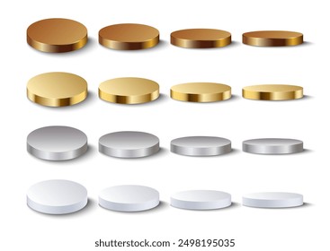 A set of bronze, gold, silver and white round realistic 3D podiums. Vector podium for demonstrations, exhibitions, presentations.