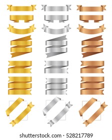 Set of bronze, golden, silver ribbons. Flat vector tape collection. Glossy ribbon banners isolated on white background. Bronzed tapes. Labels for greeting card, gift, poster, flyer, your design.