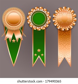 Set of bronze and green badges with ribbons. Vector champion medals. 