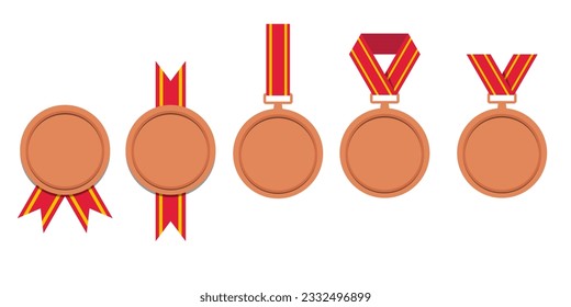 Set of bronze medals. Champion winner award medal. Honor badges flat isolated vector set. Vector set of bronze award and medal trophy illustration 10 eps.