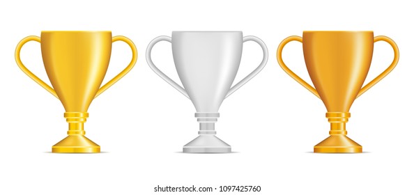 Set of bronze, silver and gold trophies isolated on white background.