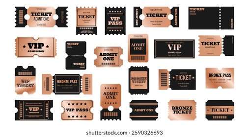 Set bronze vip ticket, pass, admission, admit one, coupon, vaucher, label and more template. Copper metal design collection. Vector illustration on white background