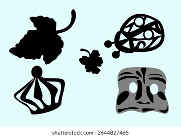 Set of brooches: crown, mask, beetle, maple leaves.