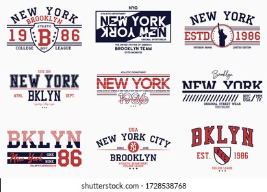 Set of Brooklyn, New York slogan prints for t-shirt. Typography graphics for college tee shirt. NY stamp collection for varsity apparel design. Vector.