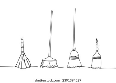 Set of broom, cleaning brush, construction, cleaning one line art. Continuous line drawing of repair, professional, hand, people, concept, support, maintenance.