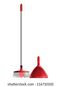 Set of broom with metal handle and red plastic scoop for house cleaning. Eps10